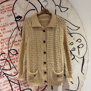 Vintage Wool Chunky Cable Knit Fisherman Cardigan Sweater